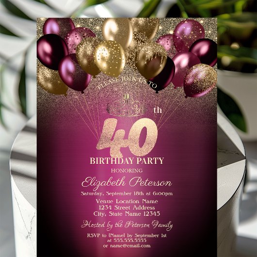 Invitation Ballons de Bourgogne Parties scintillant 40e anniv