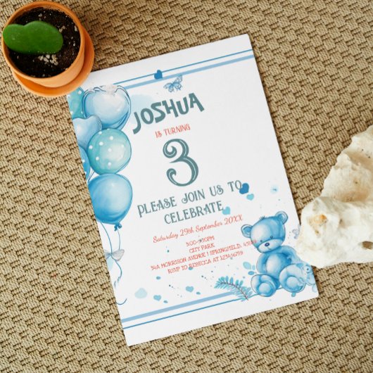 Invitation Ballons de charme et Teddy Bear Anniversaire