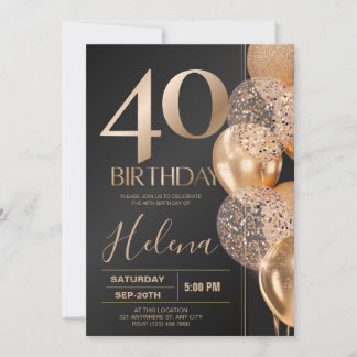 Invitation Ballons de Confettis Glamour pour les 40 ans d'Or
