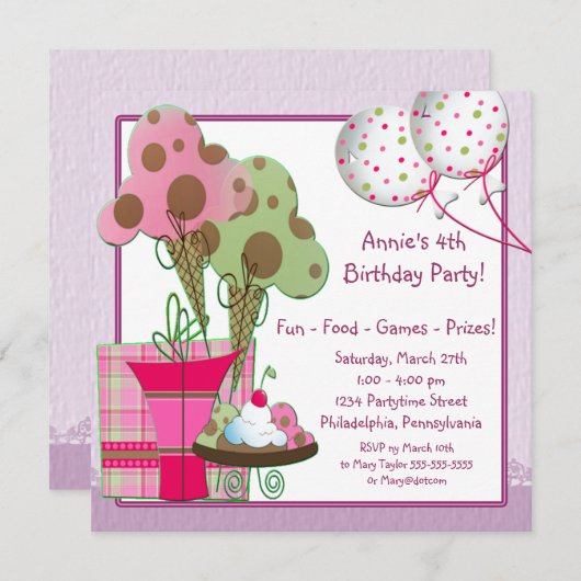 Invitation Ballons de crème glacée Filles 4e fête d'anniversa (Devant / Derrière)