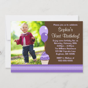 Invitation Ballons de Cupcake photo violet Brown Anniversaire