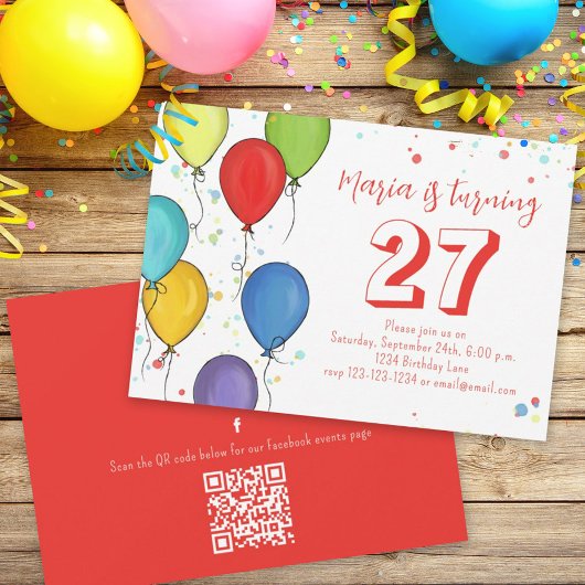 Invitation Ballons de fête d'anniversaire Confetti QR Code Fa