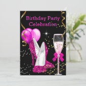 Invitation Ballons de fête d'anniversaire rose chaud doré (Debout devant)