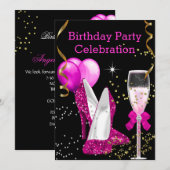 Invitation Ballons de fête d'anniversaire rose chaud doré (Devant / Derrière)