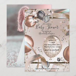 Invitation Ballons de Fête Rose Gold Pailletés Baby Shower Ph