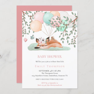 Invitation Ballons de Fox couché mignon Baby shower rose