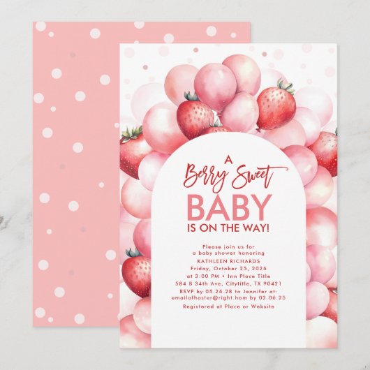 Invitation Ballons de fraises Berry Baby shower sucré (Devant / Derrière)