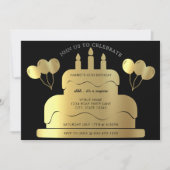 Invitation Ballons de gâteau noir et or 65e anniversaire (Devant)
