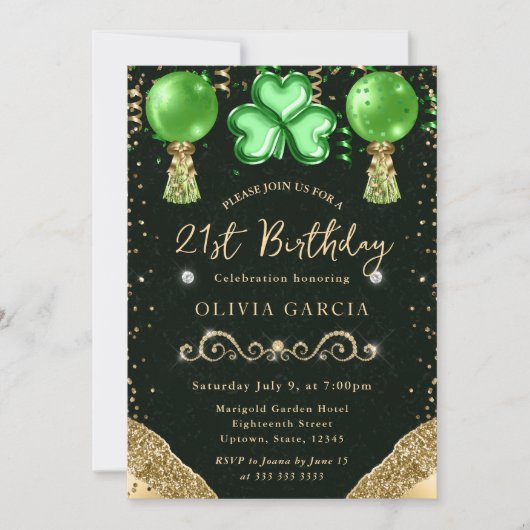 Invitation Ballons de la Saint-Patrick Glam 21e Anniversaire (Devant)