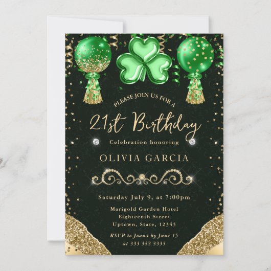 Invitation Ballons de la Saint-Patrick Glam 21e Anniversaire (Devant)