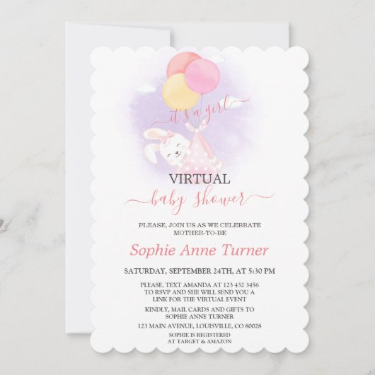 Invitation Ballons de lapin mignon fille Baby shower virtuel (Devant)