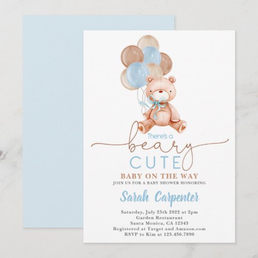 Invitation Ballons de l'ours en peluche Baby shower garçon (Devant / Derrière)
