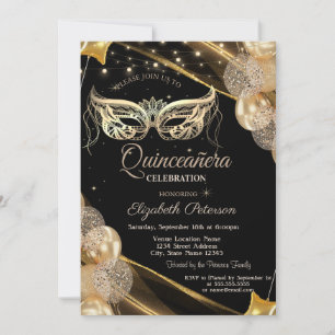 Invitation Ballons de masquerade étoiles noires Quinceañera