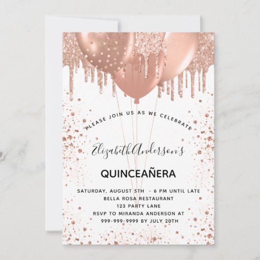 Invitation Ballons de parties scintillant blanche en or rose  (Devant)
