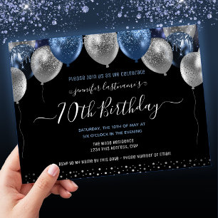 Invitation Ballons de Parties scintillant bleue 70e fête d'an