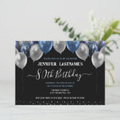 Invitation Ballons de Parties scintillant bleue 80e fête d'an (Debout devant)