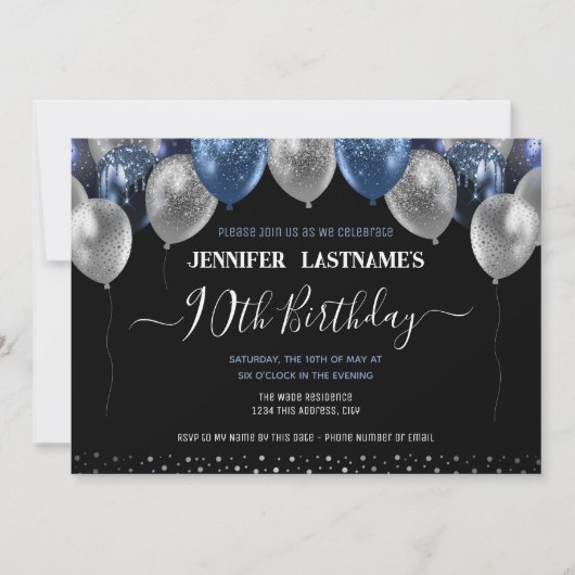 Invitation Ballons de Parties scintillant bleue 90e fête d'an (Devant)