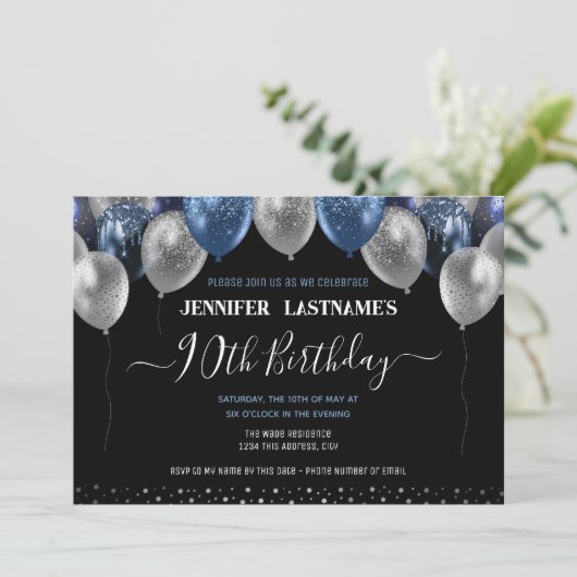 Invitation Ballons de Parties scintillant bleue 90e fête d'an (Debout devant)