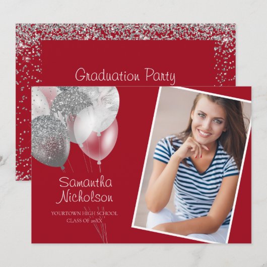 Invitation Ballons de Parties scintillant d'argent rouge phot (Devant / Derrière)
