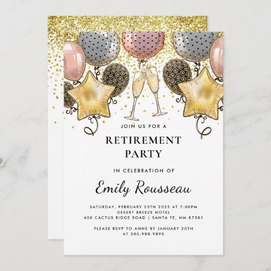 Invitation Ballons de Parties scintillant d'or de la partie d (Devant / Derrière)