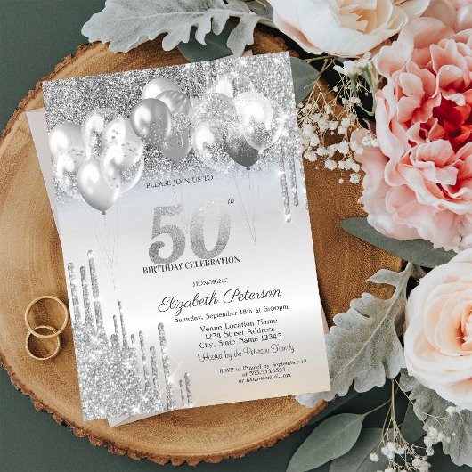 Invitation Ballons de Parties scintillant en argent 50e anniv