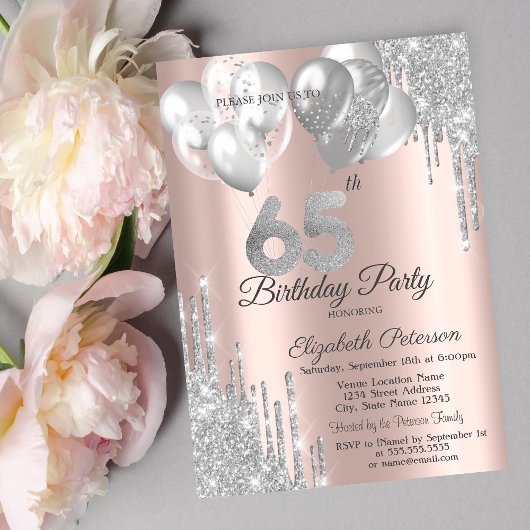 Invitation Ballons de Parties scintillant en argent 65e anniv