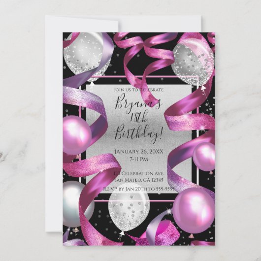 Invitation Ballons de Parties scintillant en argent rose Noir (Dos)