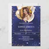 Invitation Ballons de parties scintillant en or bleu marine (Devant)