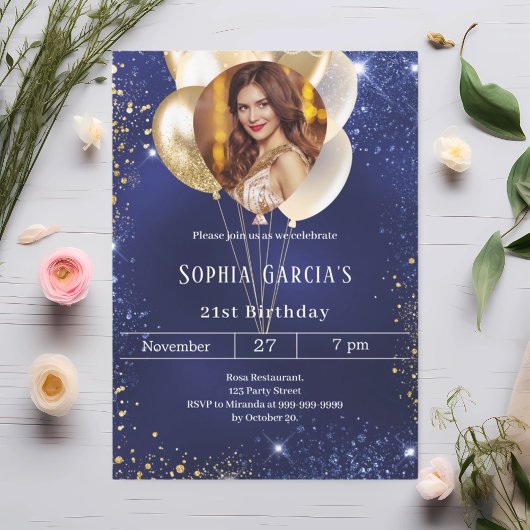 Invitation Ballons de parties scintillant en or bleu marine