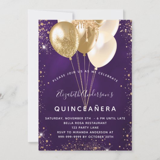Invitation Ballons de parties scintillant en or violet Quince (Devant)