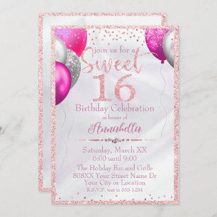 Invitation Ballons de Parties scintillant rose sur Satin Swee