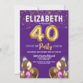 Invitation Ballons de Parties scintillant violet et or 40e an (Devant)