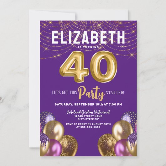 Invitation Ballons de Parties scintillant violet et or 40e an (Devant)