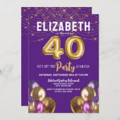 Invitation Ballons de Parties scintillant violet et or 40e an (Devant / Derrière)