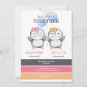 Invitation Ballons de pingouins mignons Filles Jumelles Anniv (Devant)