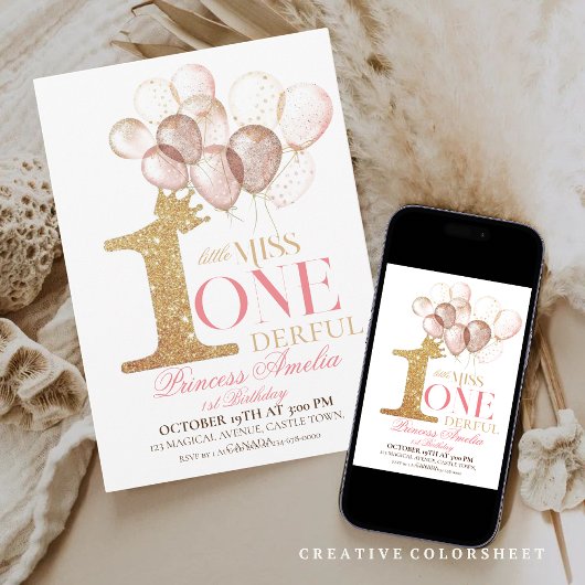 Invitation Ballons de princesse Couronne d'or rose 1er annive