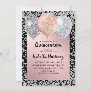 Invitation Ballons de Quinceañera Rose Gold Argent Pailletés