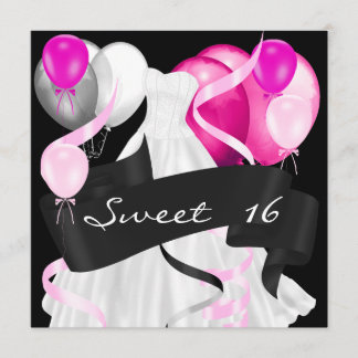 Invitation Ballons de robe sweet sixteen noir rose blanc