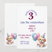 Invitation Ballons de tenue de chiots mignons fête d'annivers (Devant / Derrière)