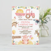 Invitation Ballons de tracteur rose ferme Animaux 1er anniver (Debout devant)