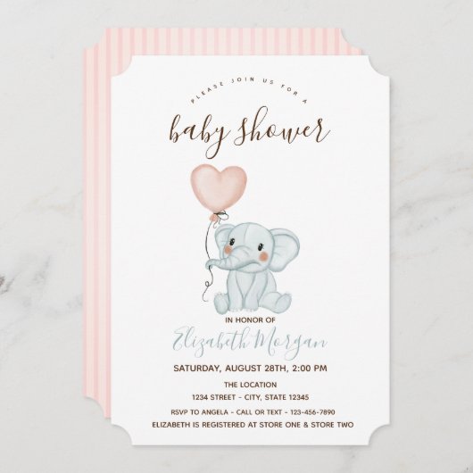 Invitation Ballons d'éléphant mignons Baby shower à rayures r (Devant / Derrière)