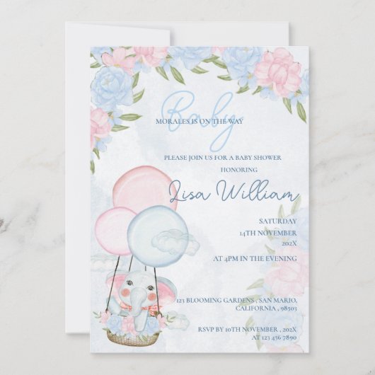 Invitation Ballons d'éléphant mignons Baby shower floral rose (Devant)