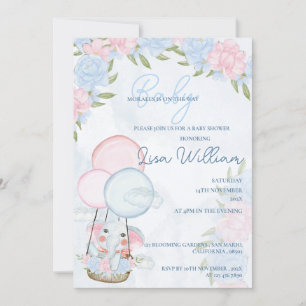 Invitation Ballons d'éléphant mignons Baby shower floral rose
