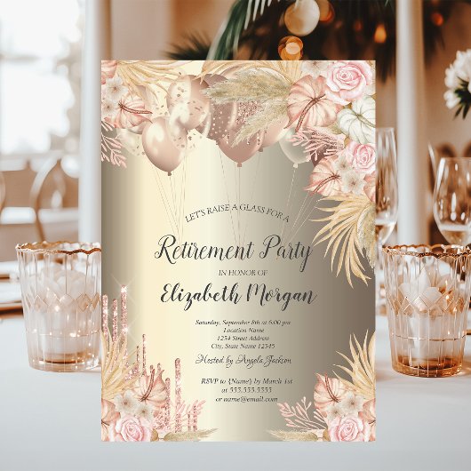 Invitation Ballons d'herbe de Pampas Champagne Retraite