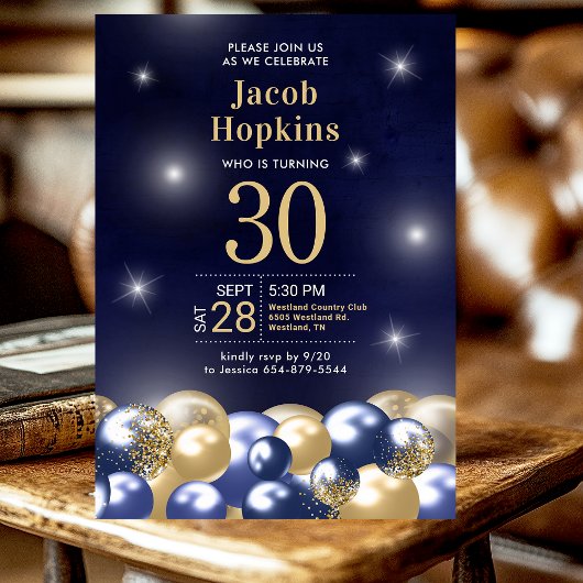 Invitation Ballons d'or bleu marine 30e anniversaire