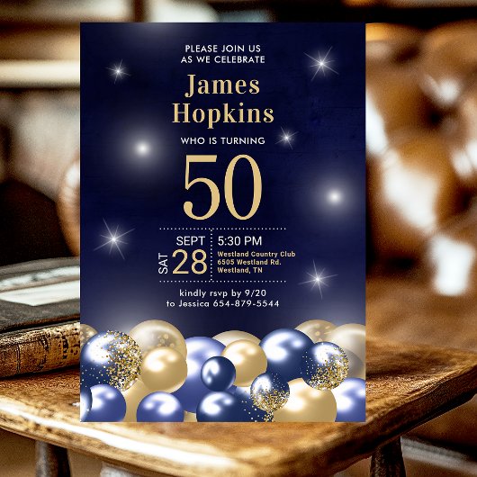Invitation Ballons d'or bleu marine 50e anniversaire