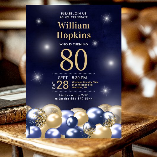 Invitation Ballons d'or bleu marine 80e anniversaire