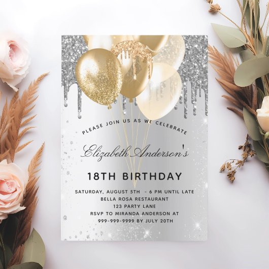 Invitation Ballons d'or d'argent d'anniversaire