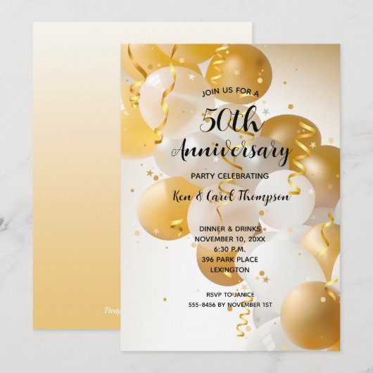 Invitation Ballons d'or de l'anniversaire mariage (Devant / Derrière)