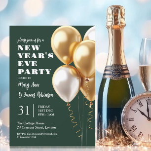 Invitation Ballons d'or du Nouvel An MODERNE Party Eve Emeral